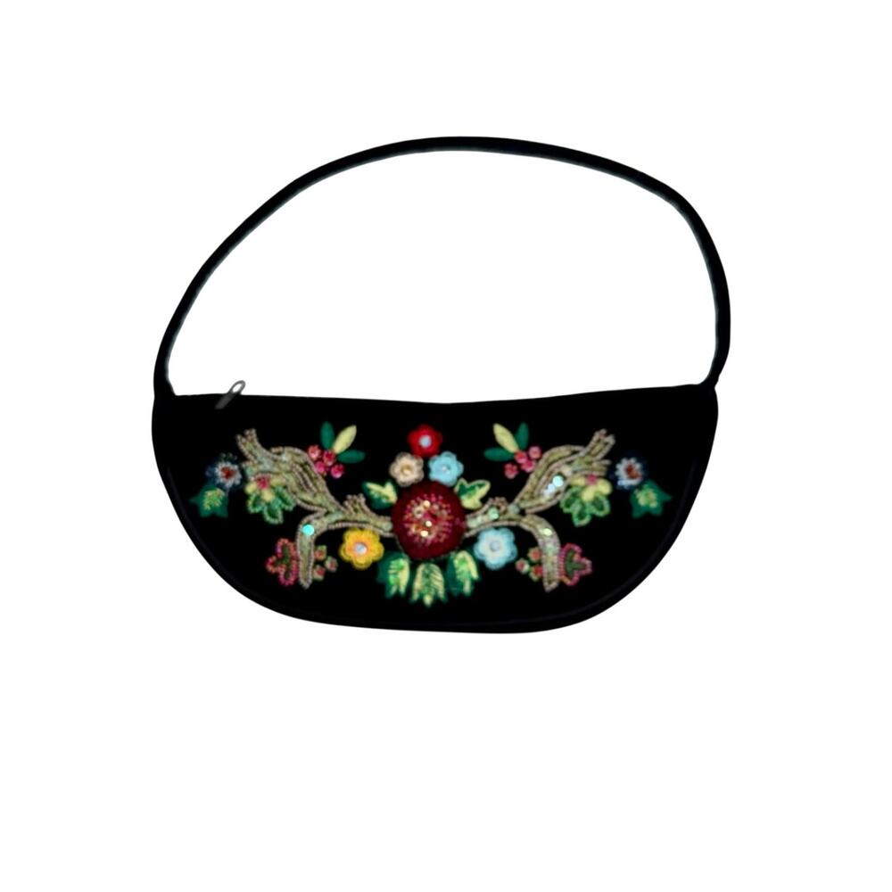 La Regale Velvet Beaded Small Handbag Shoulder Bag Baguette Black